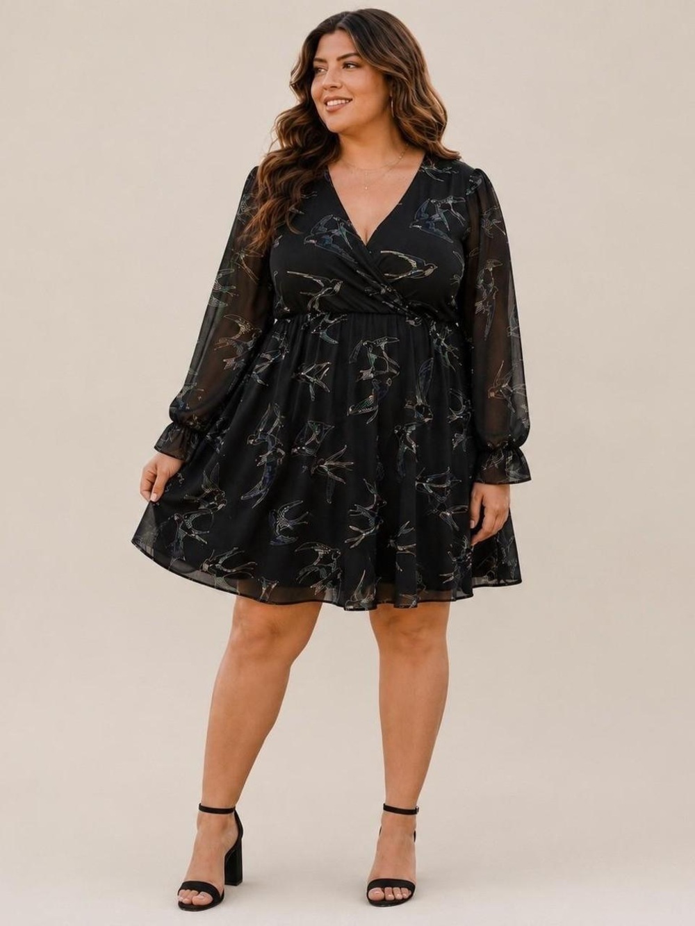 Torrid  Black Sparrow Print Dress Long Sleeve Sheer Overlay Sz 2X